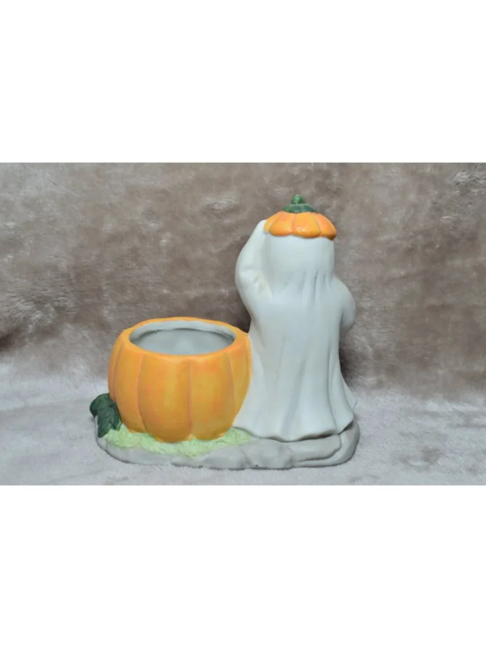 Vintage Ceramic Halloween Ghost Pumpkin Candle Holder Jack O Lantern Retro